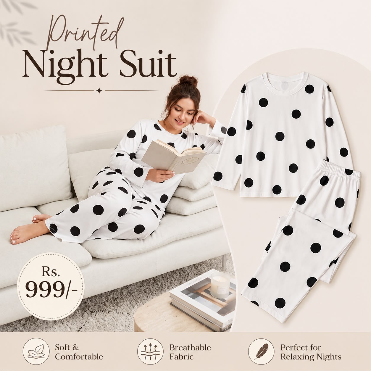 White Black Dotted Printed Night Suit