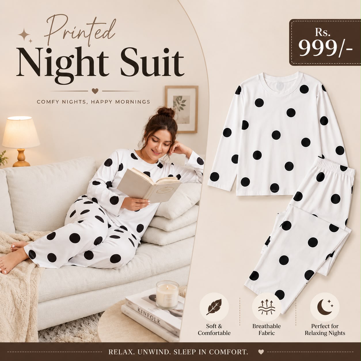 White Black Dotted Printed Night Suit
