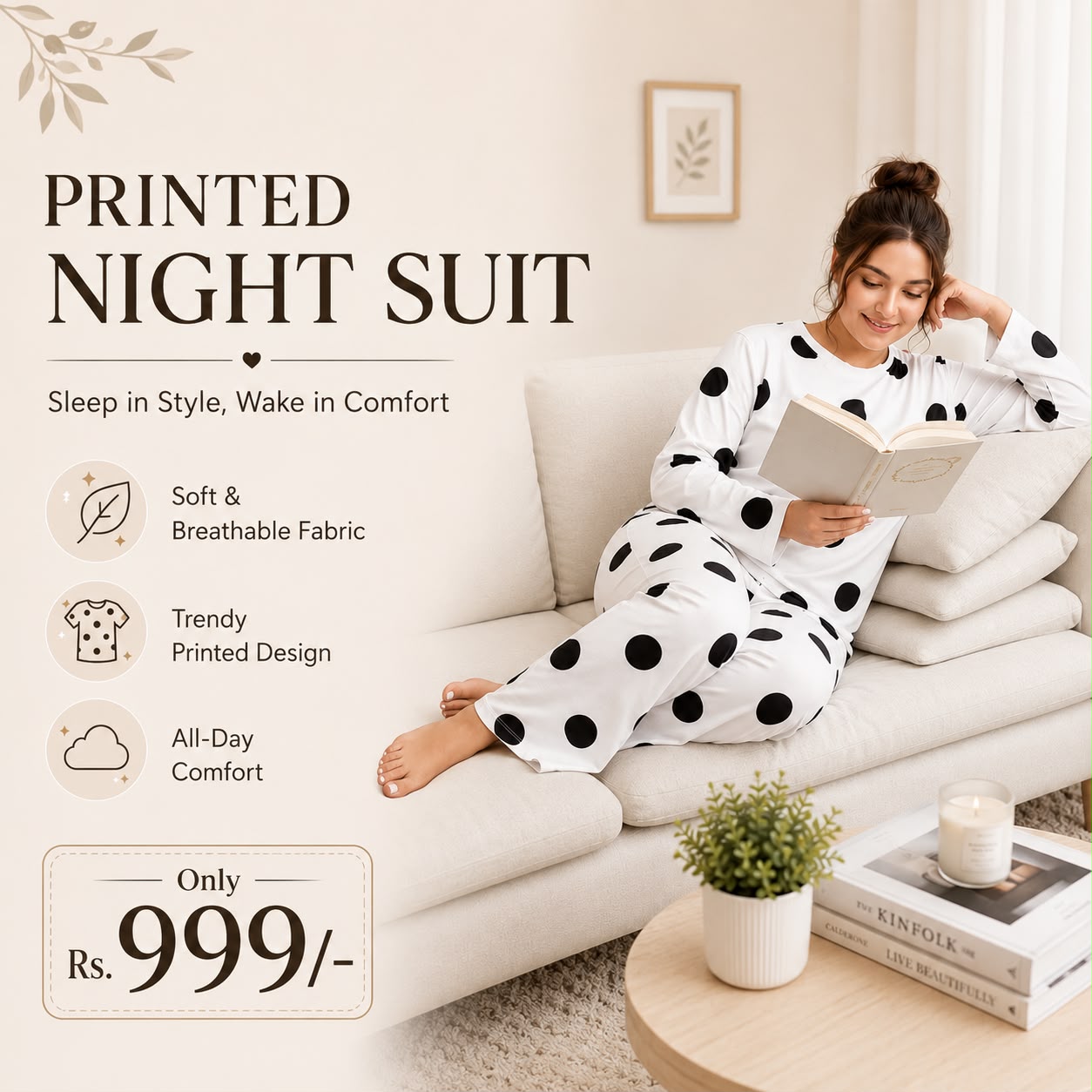 White Black Dotted Printed Night Suit