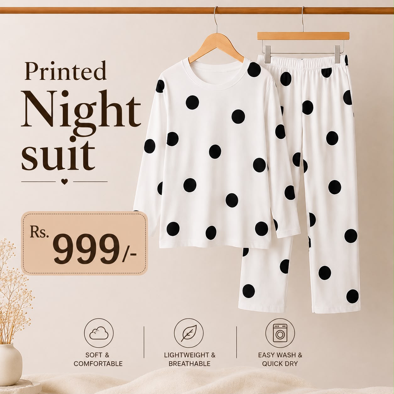 White Black Dotted Printed Night Suit