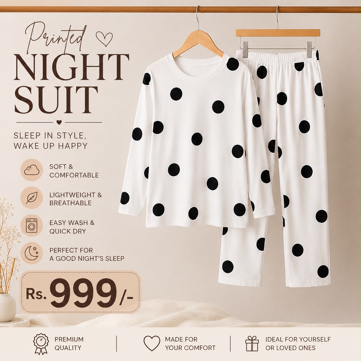 White Black Dotted Printed Night Suit